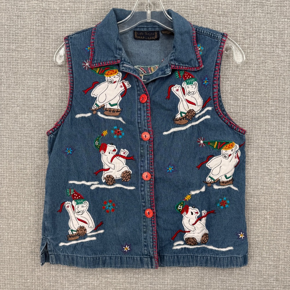 Vtg Life Style Denim Christmas Vest Women M Polar Bear Snowman Stocking